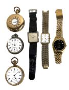 Six watches including, including an American Waltham half hunter, in a gold plated case; another