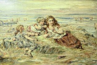 WILLIAM MCTAGGART, Scottish (1835-1910) A Restful Day on the Coast, oil on canvas, with a young girl