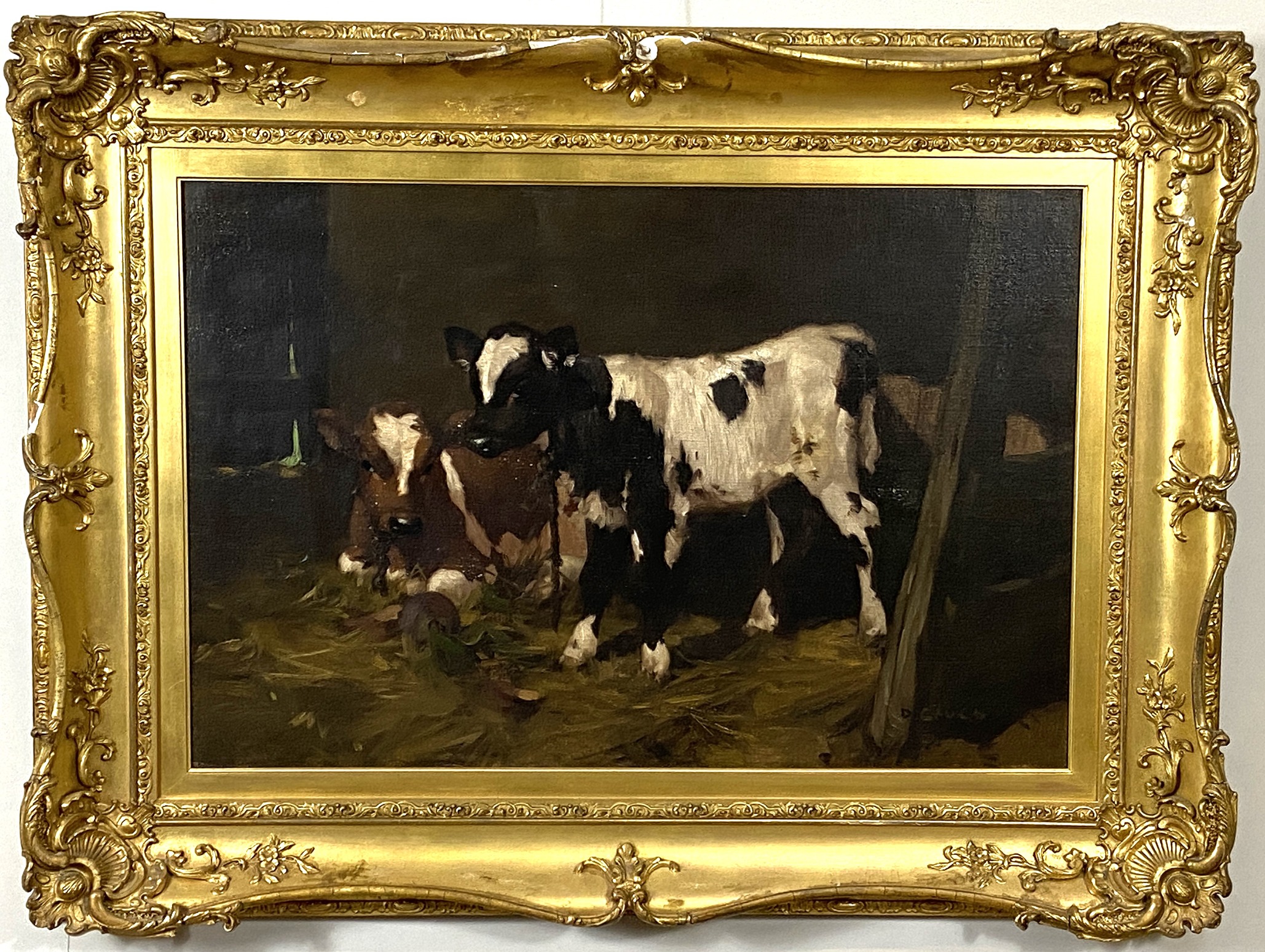 DAVID GAULD, Scottish (1836-1936), AYRSHIRE CALVES IN A BARN, oil on canvas, signed LR: D. Gauld, - Image 3 of 7