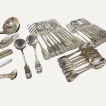 An extensive Victorian silver flatware canteen service, Fiddle and Shell Pattern, hallmarked