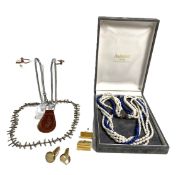 Assorted costume jewellery, including a five strand asymmetric cultured pearl and cobalt bead