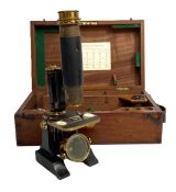 An early gilt brass and painted Microscope, together with a large box of specimen slides, early 20th