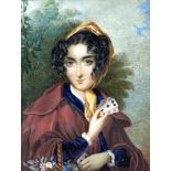 JANE HAY, (British), 19th century,  ‘The Gipsy’, a coquettish lady holding cards and secretly
