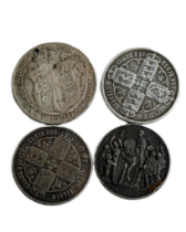 Four silver coins, including a German Zwei (2) Reichmark, 1913; also two Victorian silver florins,