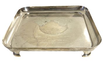 A fine Scottish Point to Point silver presentation square salver, hallmarked Glasgow 1925, of deep