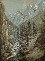 Attributed to ALEXANDRE CALAME, Swiss (1810-1864), An Alpine Landscape in Winter, watercolour with