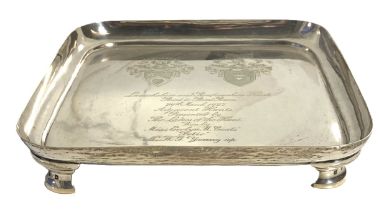 A fine Scottish 'Point to Point' silver presentation square salver, hallmarked Glasgow 1926, of deep