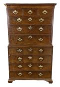 A George II mahogany secretaire chest on chest, circa 1750,  with a shallow concave moulded