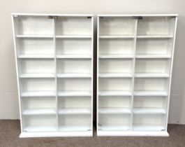 Two modern white glass front display cabinets, 130cm high, 80cm wide