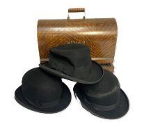 Three assorted bowler hats, together with an oak cased Singer sewing machine (4)