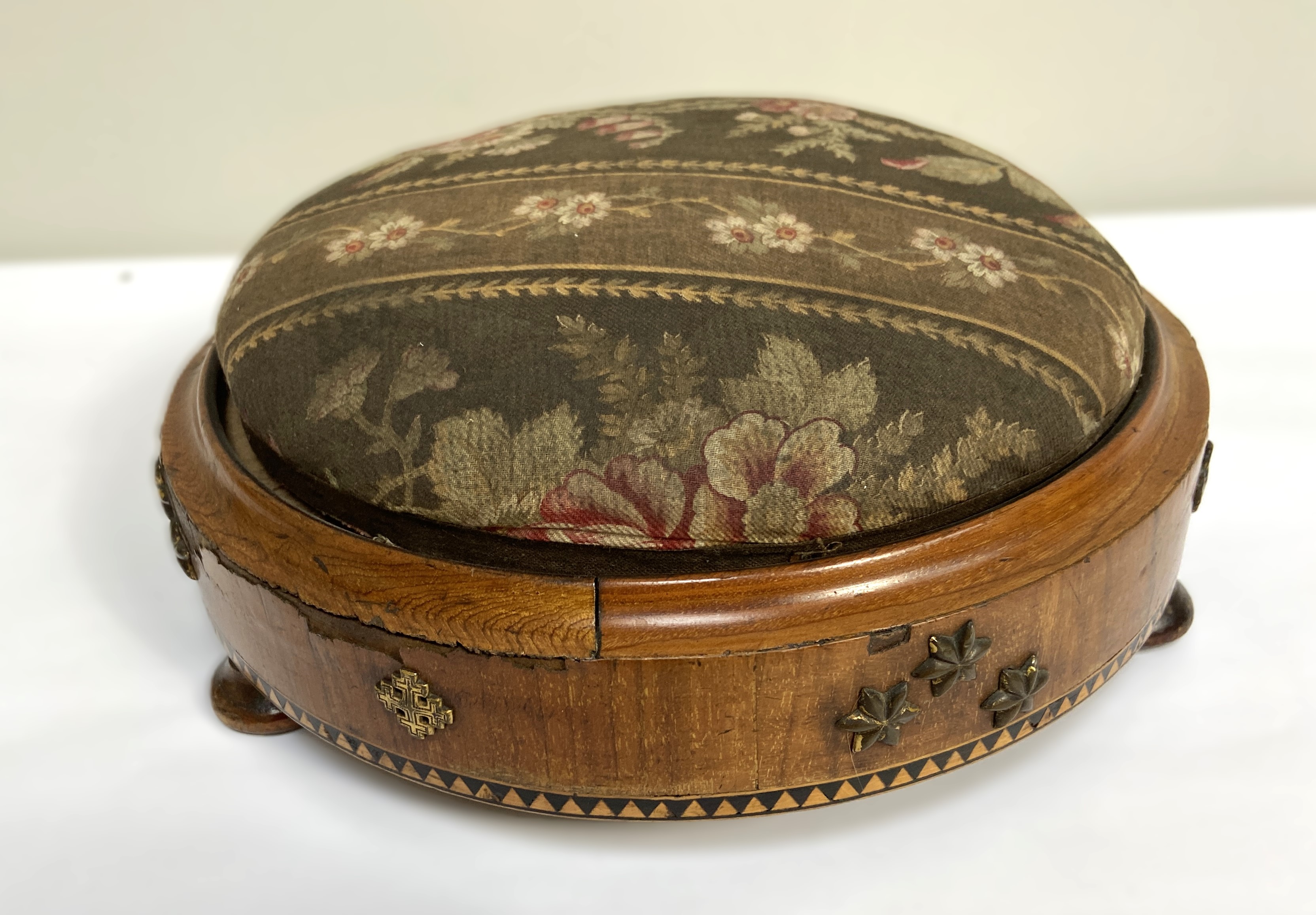 Assorted items, including an embroidered footstool, an travel vanity case, a carved figure, - Image 7 of 9