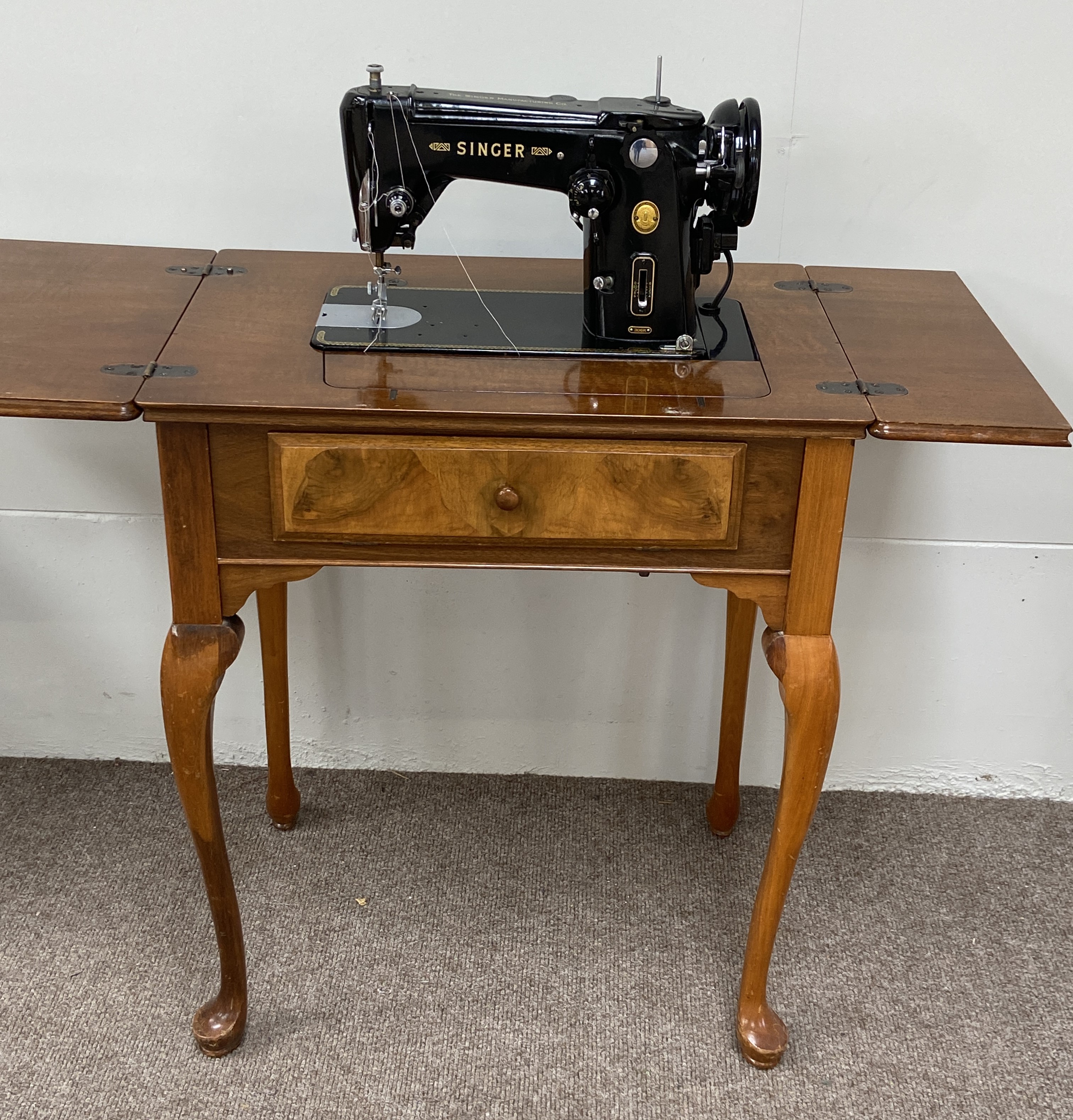 A modern walnut veneered sewing machine table; together with a small folding occasional table and an - Image 5 of 9