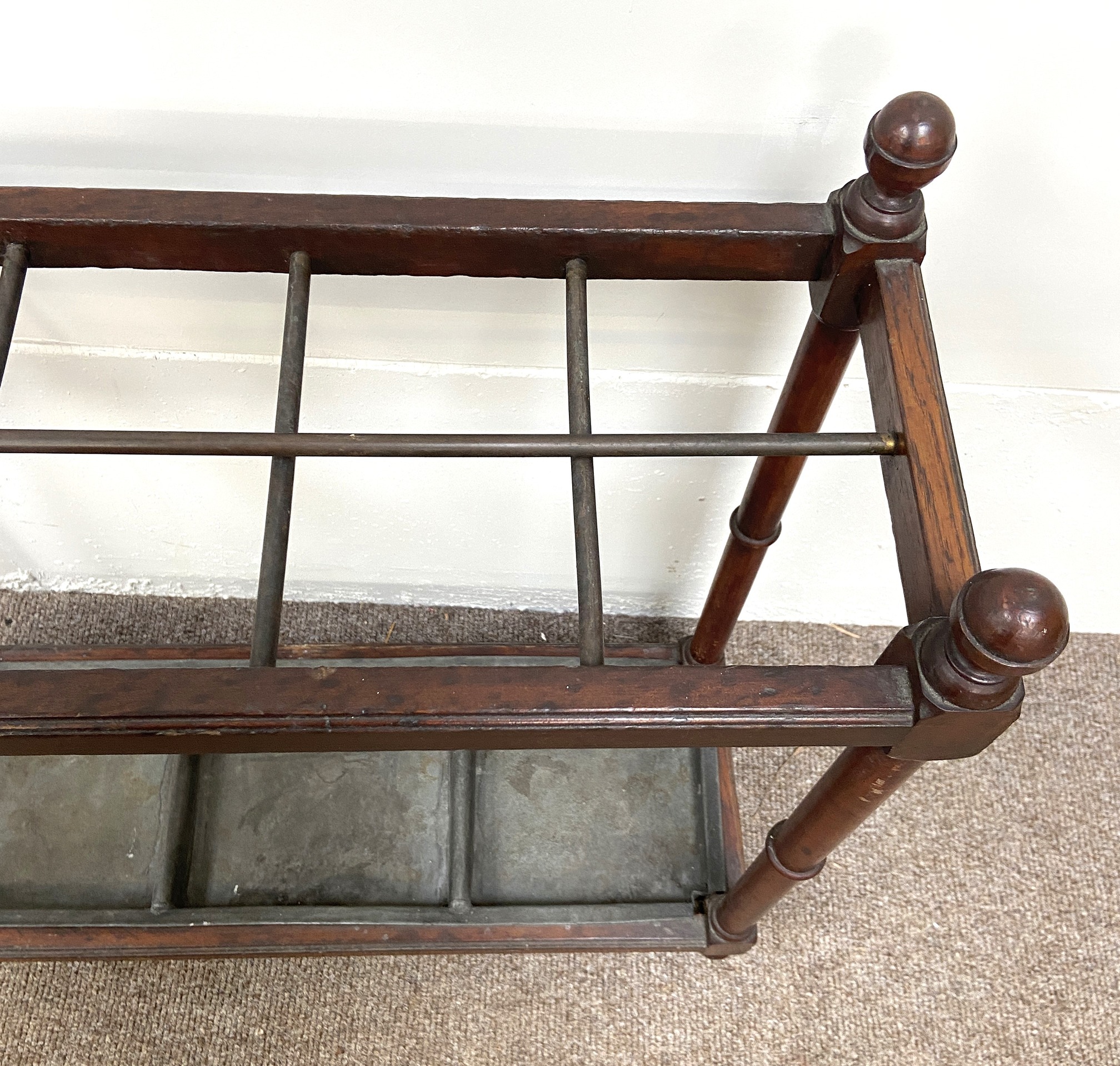 An Edwardian stick stand, with turned finials, dividers and a drip tray, within turned supports; and - Image 4 of 8