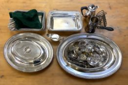 A box of assorted silver plate, including various entree dishes, jugs, a coffee pot, toast rack