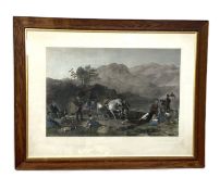 ‘Crossing a Highland Loch’, coloured engraving of a returning Stalking party, 79cm x 106cm; also a