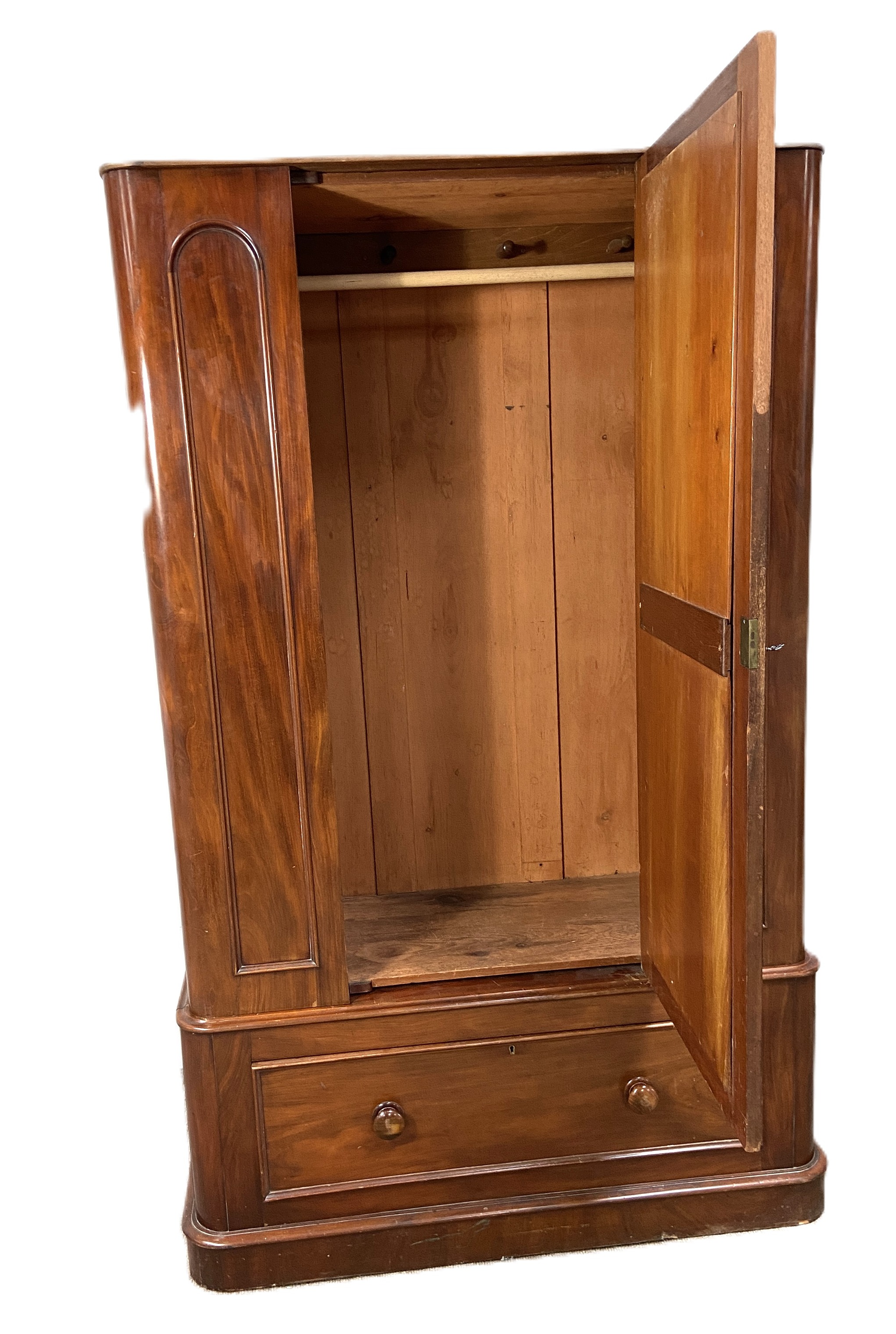 A Victorian mahogany single warbrobe, with mirrored arched door over a long drawer. (lacks - Image 4 of 6
