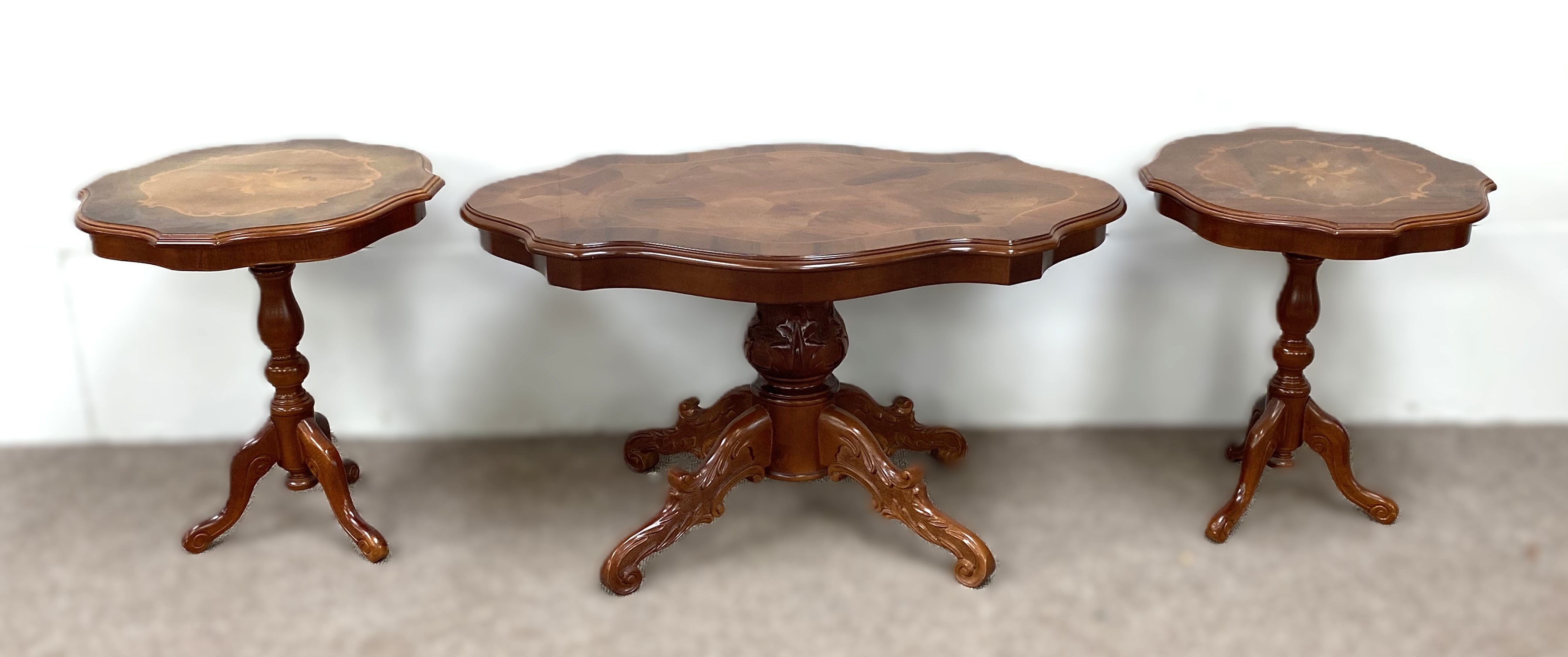 A modern inlaid coffee table and two similar occasional tables (3)