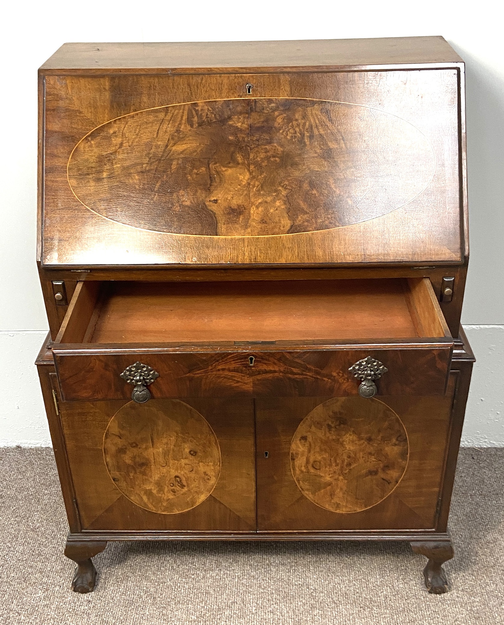A vintage walnut veneered George II style bureau; together with a Regency style reproduction - Image 6 of 9