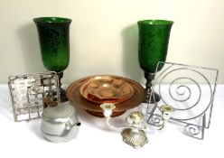 A pair of green glass storm lanterns, modern; together with assorted metalware, including a lazy