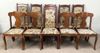 Ten assorted chairs, including a set of six vintage floral upholstered dining chairs and a set of