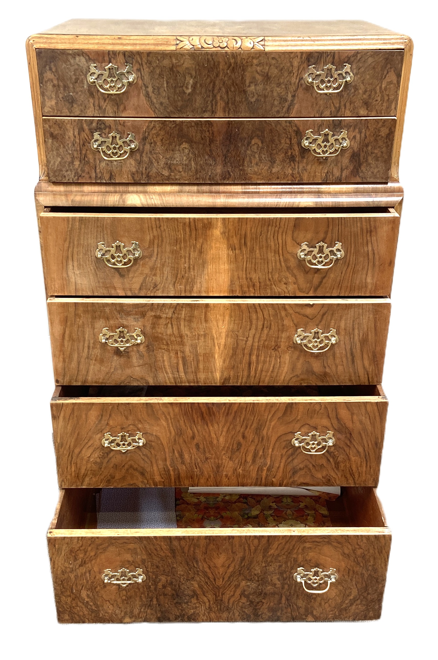 A vintage burr walnut chest of drawers, with six graduated and stepped drawers, 131cm high - Image 6 of 8