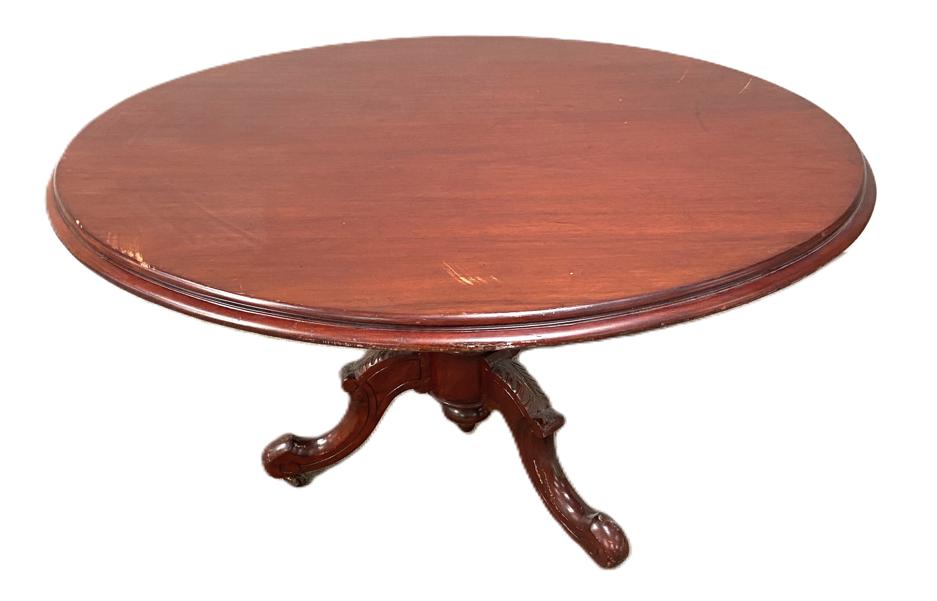 A late Victorian mahogany breakfast table, with circular top and set on a turned and carved pedestal - Image 2 of 7