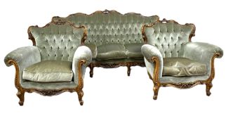 A Victorian style three piece Parlour suite, comprising a three seat settee, with turned and