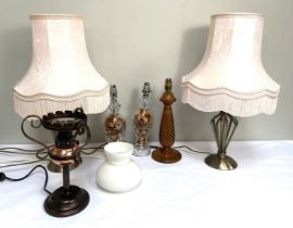 Assorted table lamp bases, including a pair of crystal glass baluster lamp bases, and turned wood