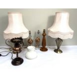 Assorted table lamp bases, including a pair of crystal glass baluster lamp bases, and turned wood