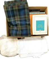 Mixed lot of fabric, including a length of tartan, assorted placemats, knapery and lace (a lot)