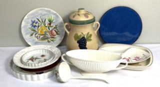 Assorted decorative kitchen ware, including a three section entree dish, assorted vases, bowls and