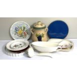 Assorted decorative kitchen ware, including a three section entree dish, assorted vases, bowls and