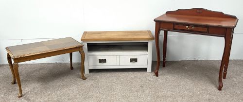 A modern white painted and pine television stand, including two drawers; also a small mahogany