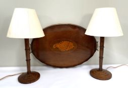 A George III style mahogany oval tea tray, 19th century, with inlaid shell; also a pair of turned