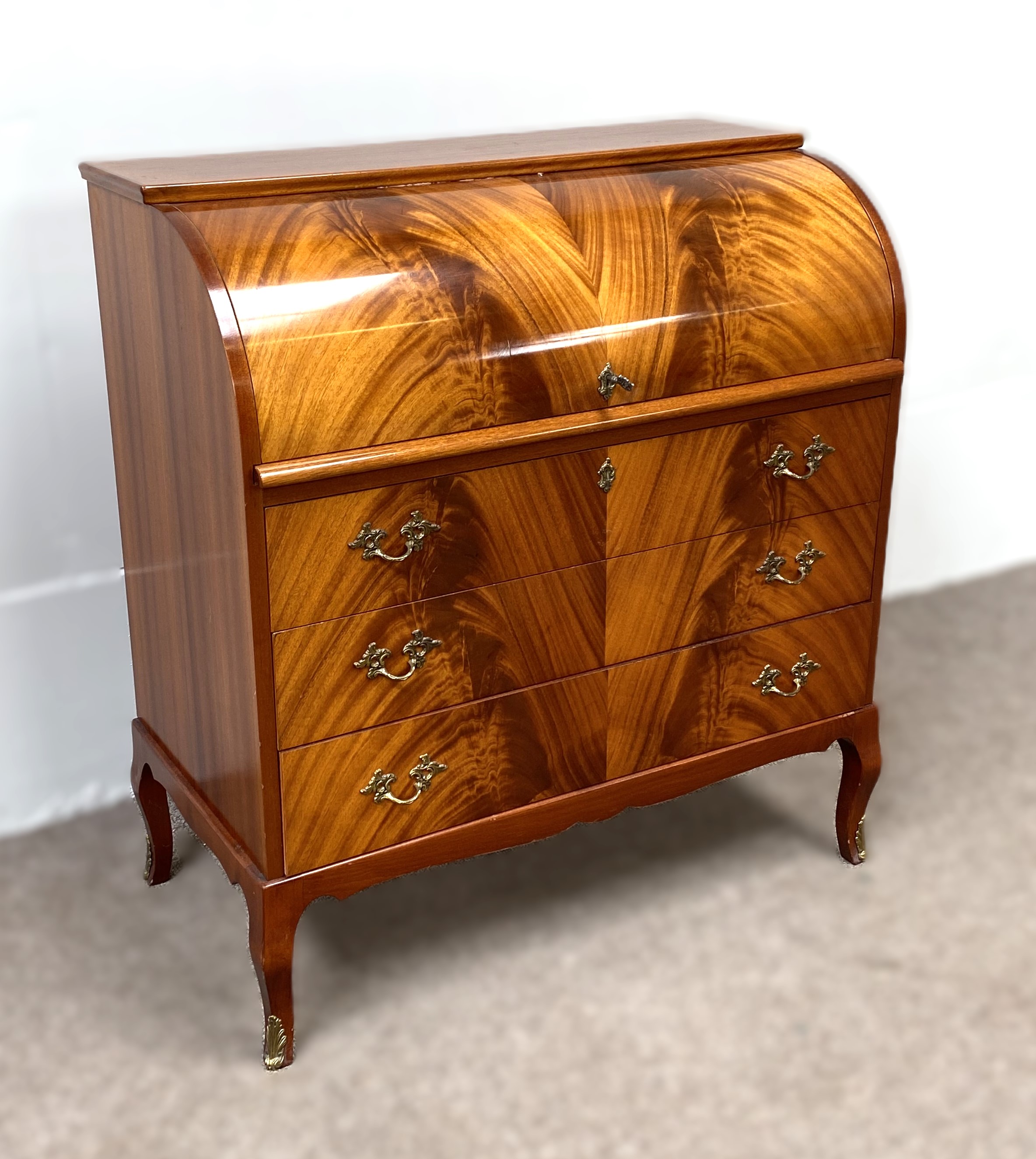 A modern reproduction mahogany veneered cylinder bureau, with roll top and arrangement of niches and - Image 2 of 5