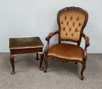 A Victorian style button upholstered easy chair, with padded arms and cabriole legs; also a piano