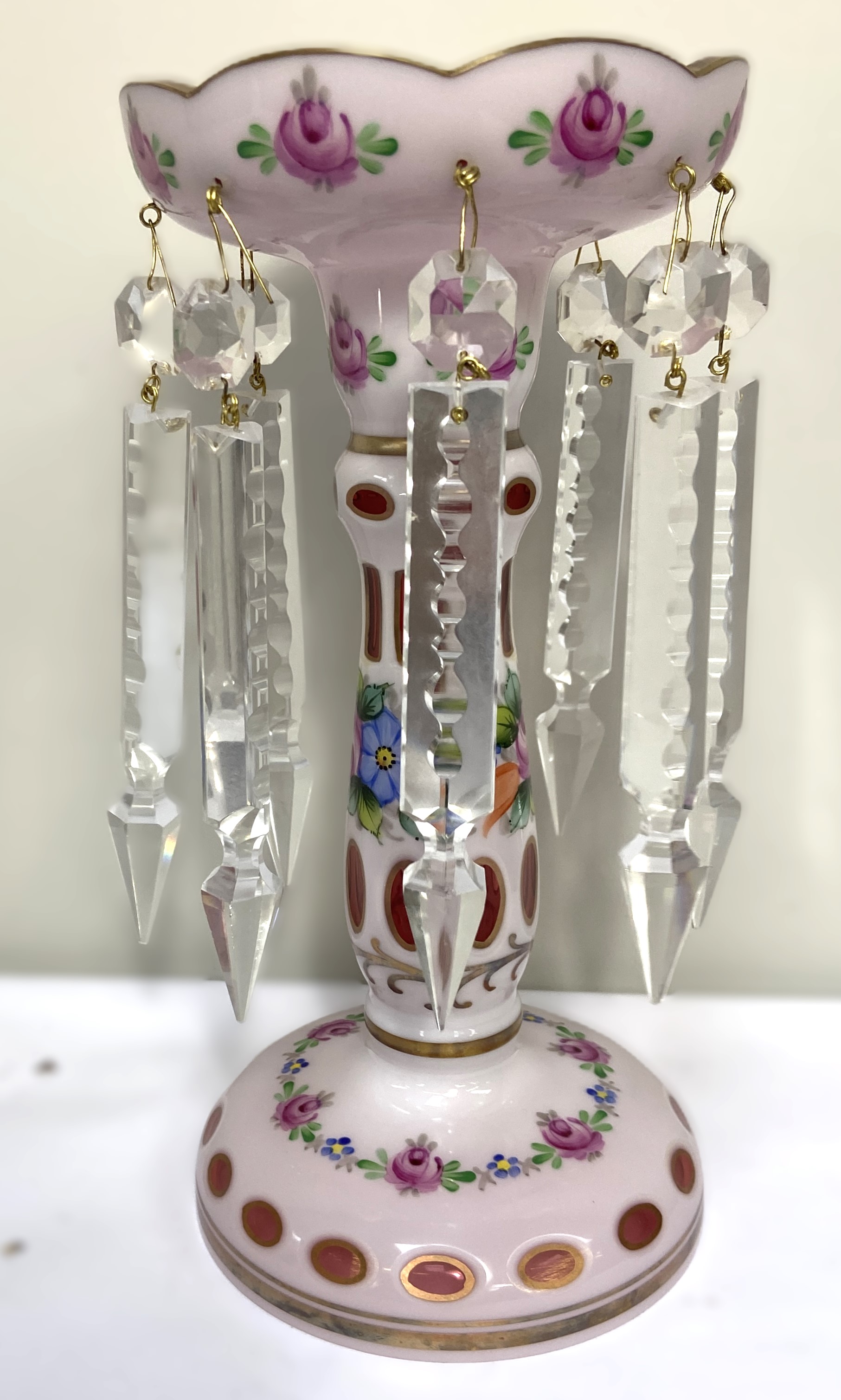 A Victorian flashed white cranberry glass table lustre, with rose decorations and clear glass drops; - Image 5 of 6