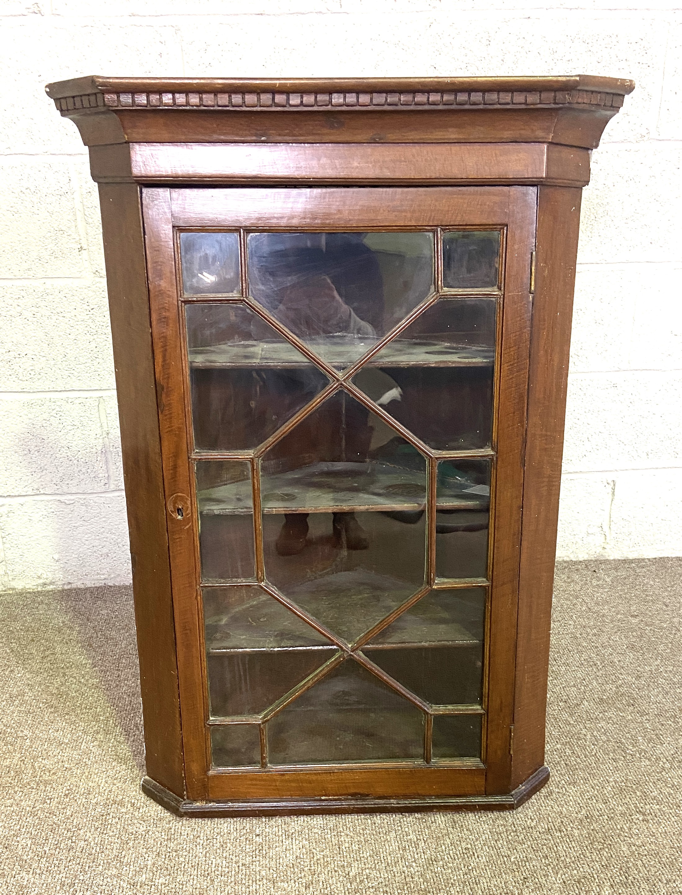 A George III style oak corner wall cabinet, with glazed door, dentil cornice and three shelves, - Image 2 of 4