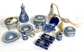A small group of assorted blue jasper ware and related, including two scent bottles and various