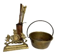 A late Victorian brass Royal Armorial doorstop; together with assorted metalware, including a
