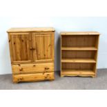 A modern pine cabinet, 98cm high, 80cm wide; also a small pine open bookcase, 88cm high, 74cm