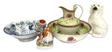 Assorted ceramics, including a 19th century wash basin and ewer set; a Staffordshire spill vase with