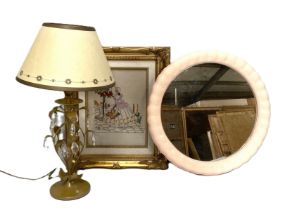 Assorted including a modern circular light pink framed wall mirror; a 'lustre' drop table lamp and