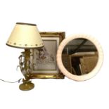 Assorted including a modern circular light pink framed wall mirror; a 'lustre' drop table lamp and