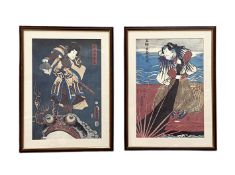 Six Japanese woodblock style prints, including Ukiyo-e reprint of Fire Toad and a Samurai, 49cm x