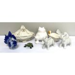 Collection of ceramic animals. Including a pair of novelty elephants, a seated frog, a dove, and