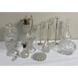 A selection of table glassware, including a silver plate mounted claret jug, a pair of candlestick