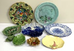 Assorted decorative china, including various leaf dishes and plates and a large blue scallop shell