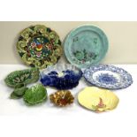 Assorted decorative china, including various leaf dishes and plates and a large blue scallop shell