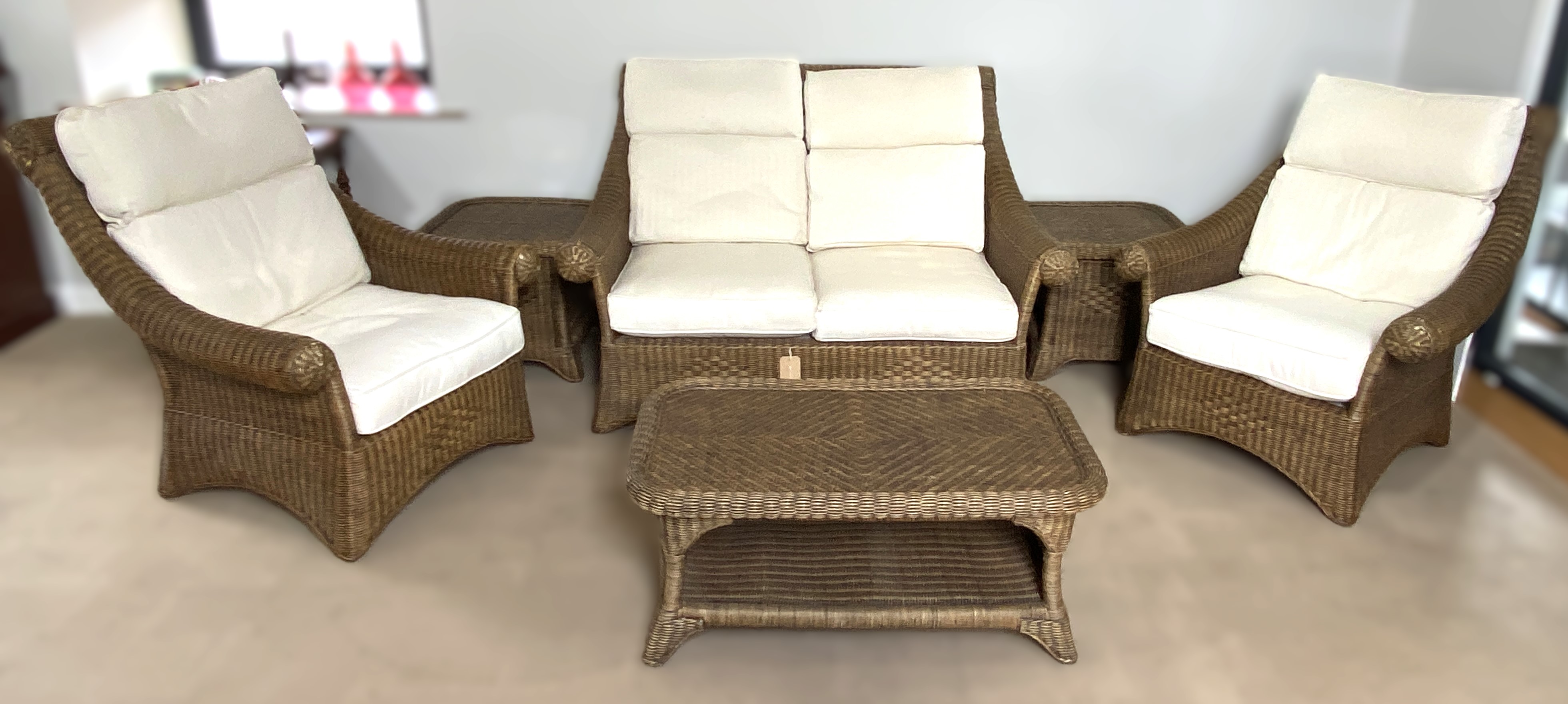 A large modern Colonial style Rattan Conservatory suite, comprising a two seat settee, two